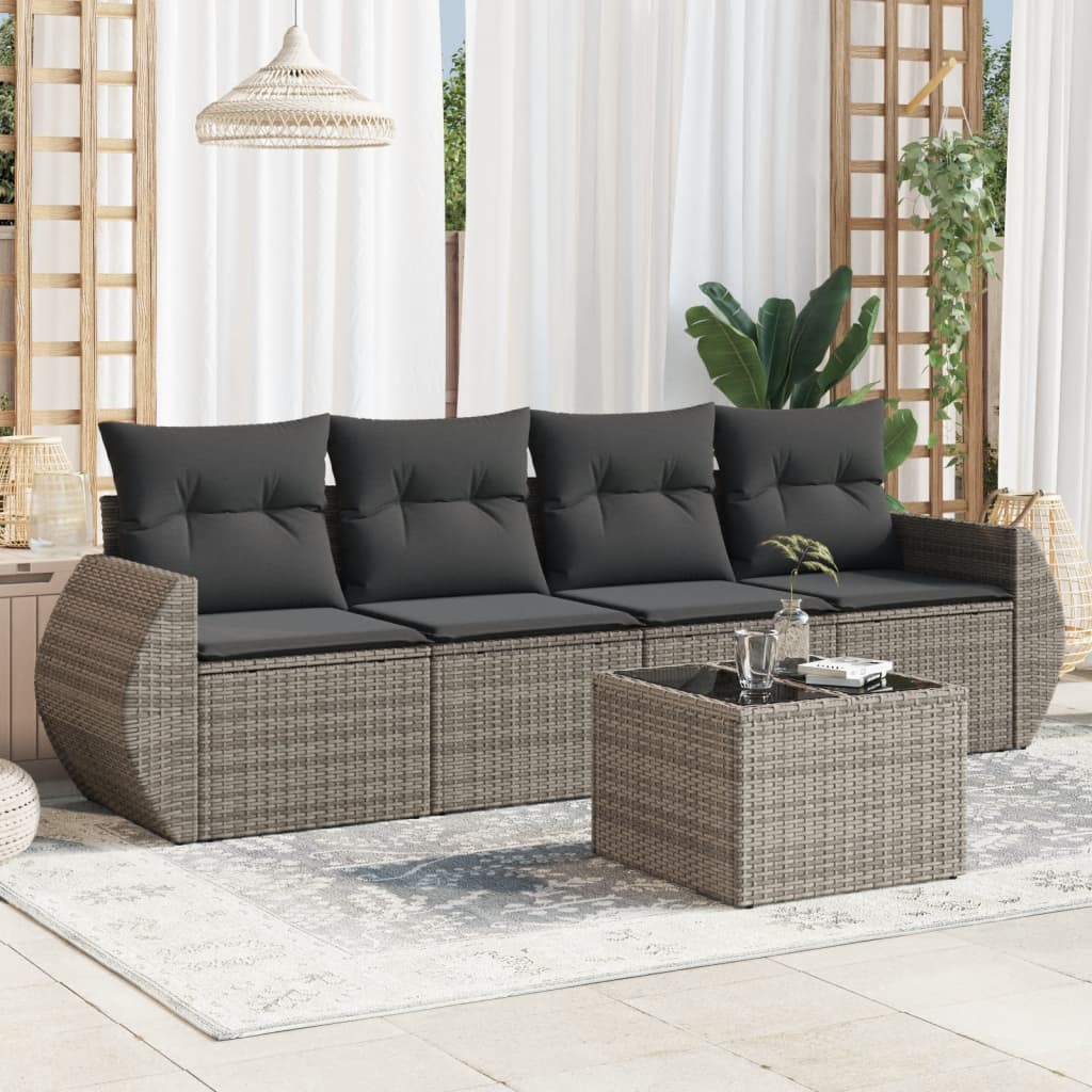 5 Pcs conjunto sofás de jardim c/ almofadões vime PE cinzento