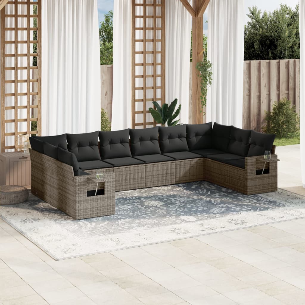 10 Pcs conjunto sofás de jardim c/ almofadões vime PE cinzento