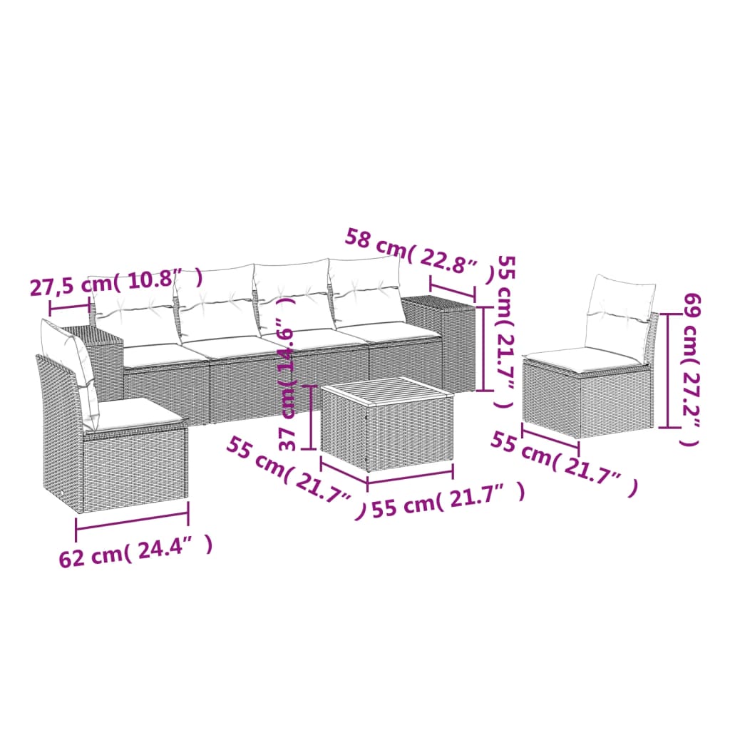 7 Pcs conjunto de sofás p/ jardim com almofadões vime PE bege