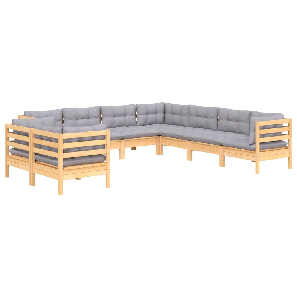 9 Pcs conjunto lounge de jardim + almofadões cinza pinho maciço