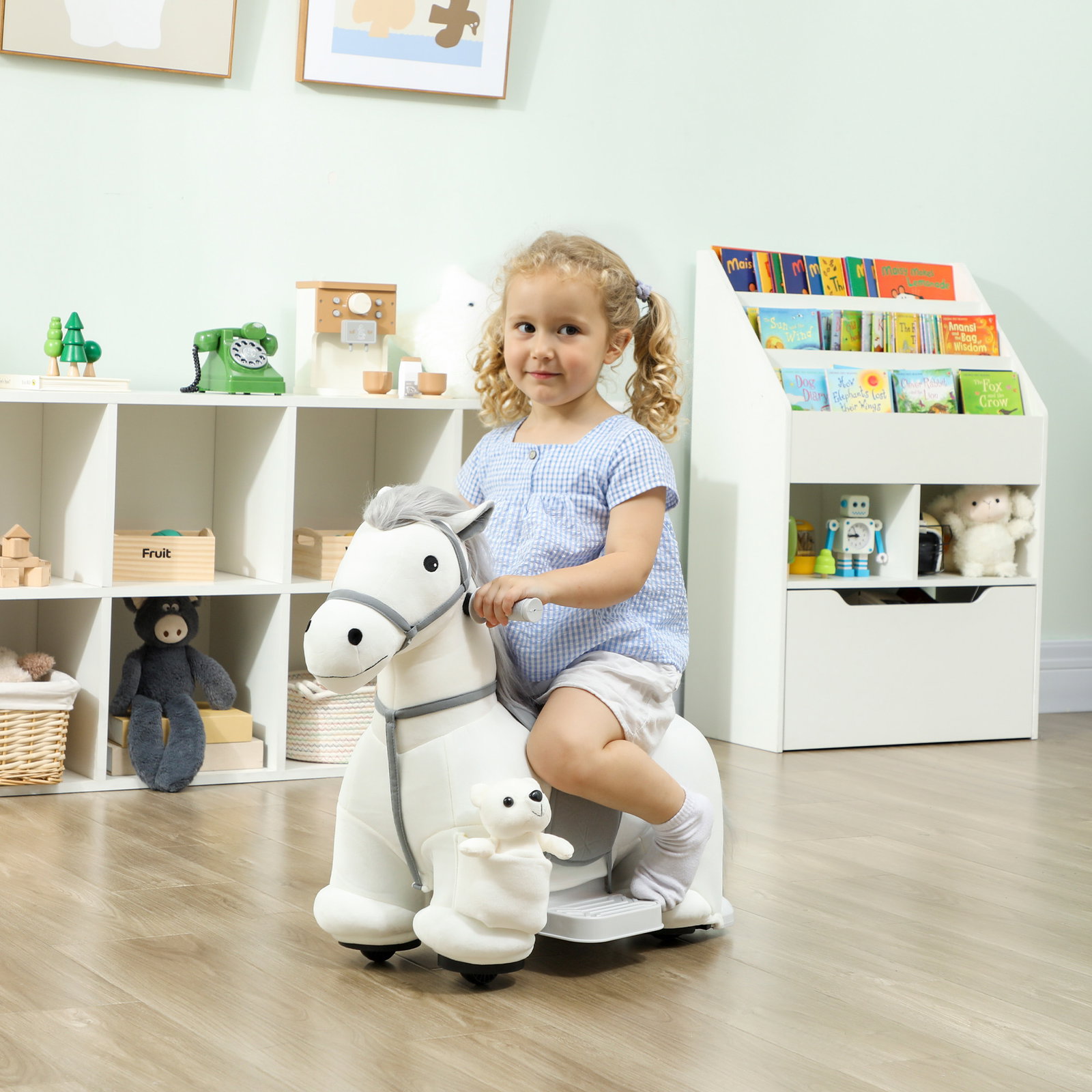 Cavalo elétrico com música bateria 6v brinquedo elétrico toque suave rodas silenciosas de pu movimento para a frente 74x34x51 cm branco