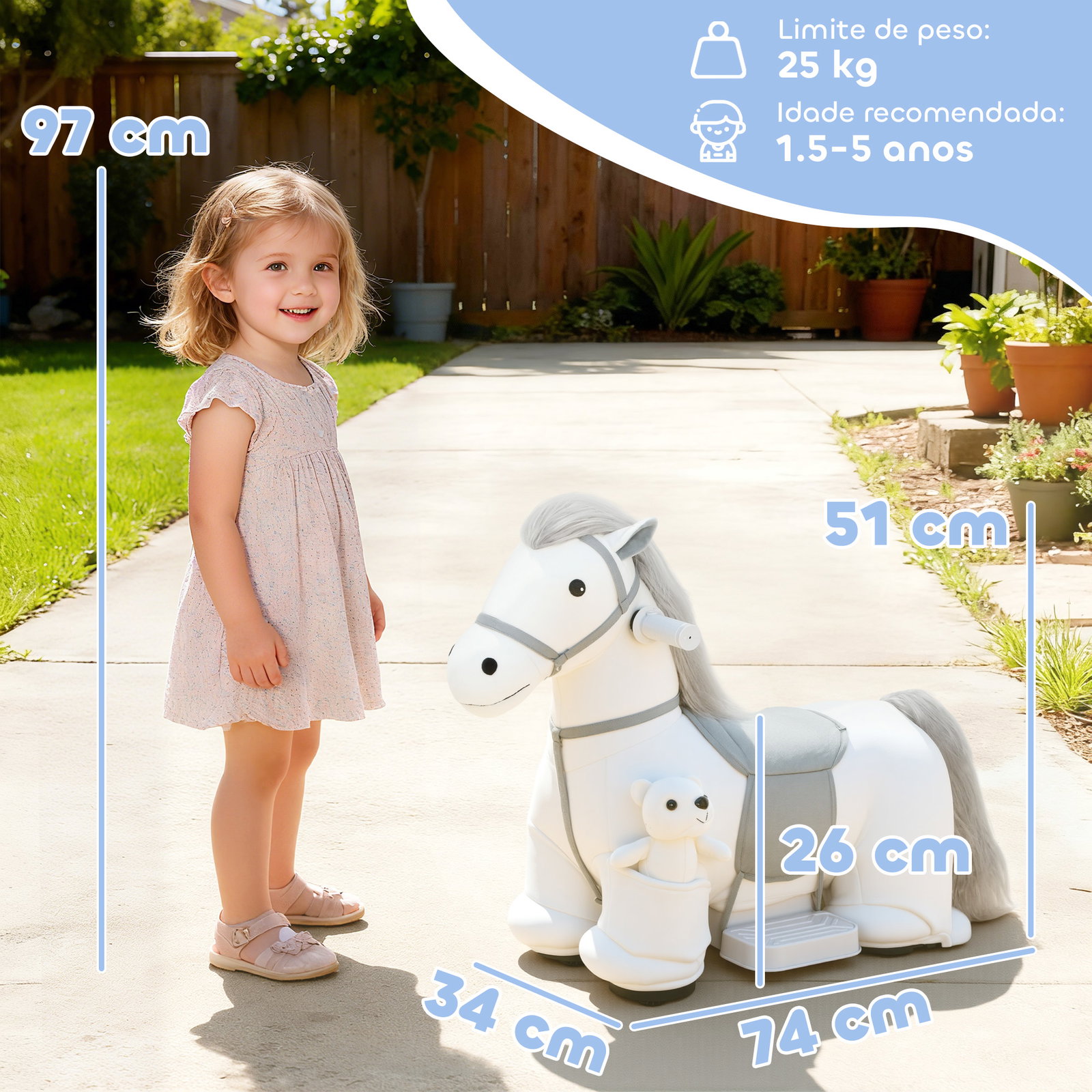 Cavalo elétrico com música bateria 6v brinquedo elétrico toque suave rodas silenciosas de pu movimento para a frente 74x34x51 cm branco