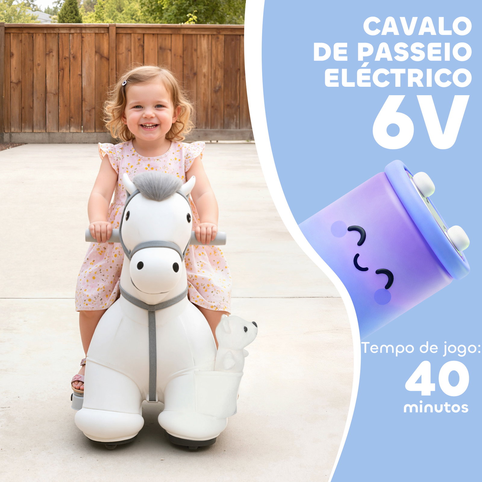 Cavalo elétrico com música bateria 6v brinquedo elétrico toque suave rodas silenciosas de pu movimento para a frente 74x34x51 cm branco