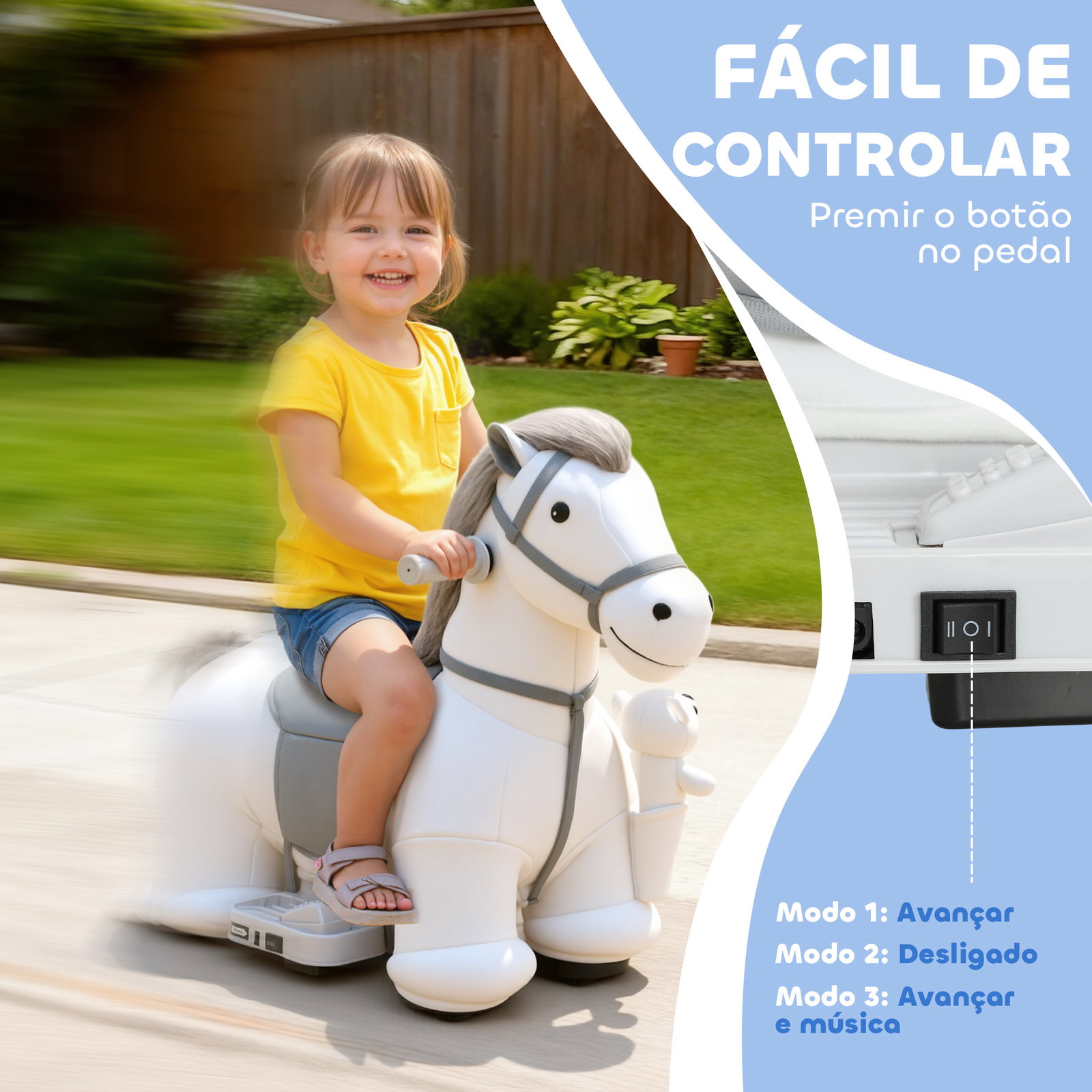 Cavalo elétrico com música bateria 6v brinquedo elétrico toque suave rodas silenciosas de pu movimento para a frente 74x34x51 cm branco
