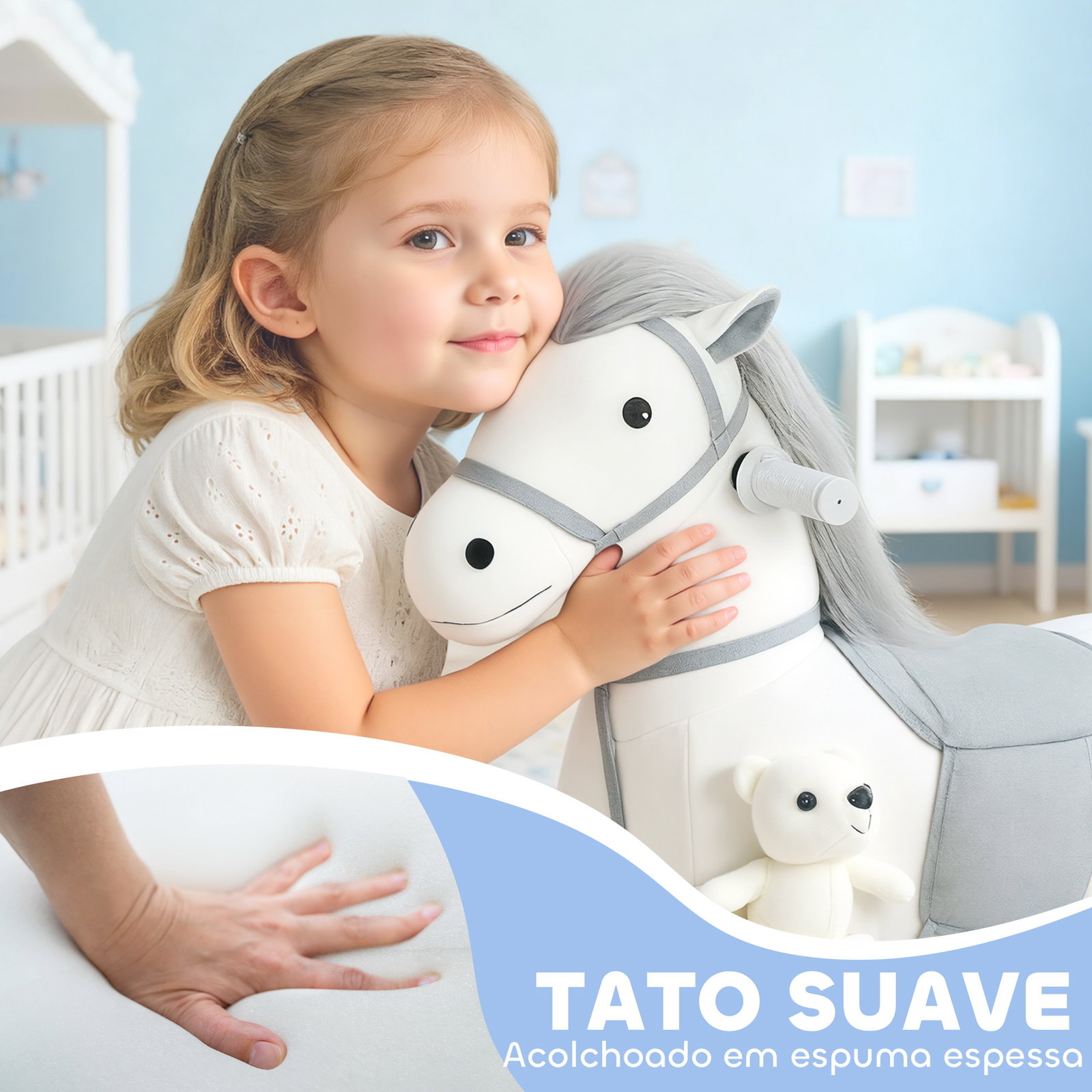 Cavalo elétrico com música bateria 6v brinquedo elétrico toque suave rodas silenciosas de pu movimento para a frente 74x34x51 cm branco