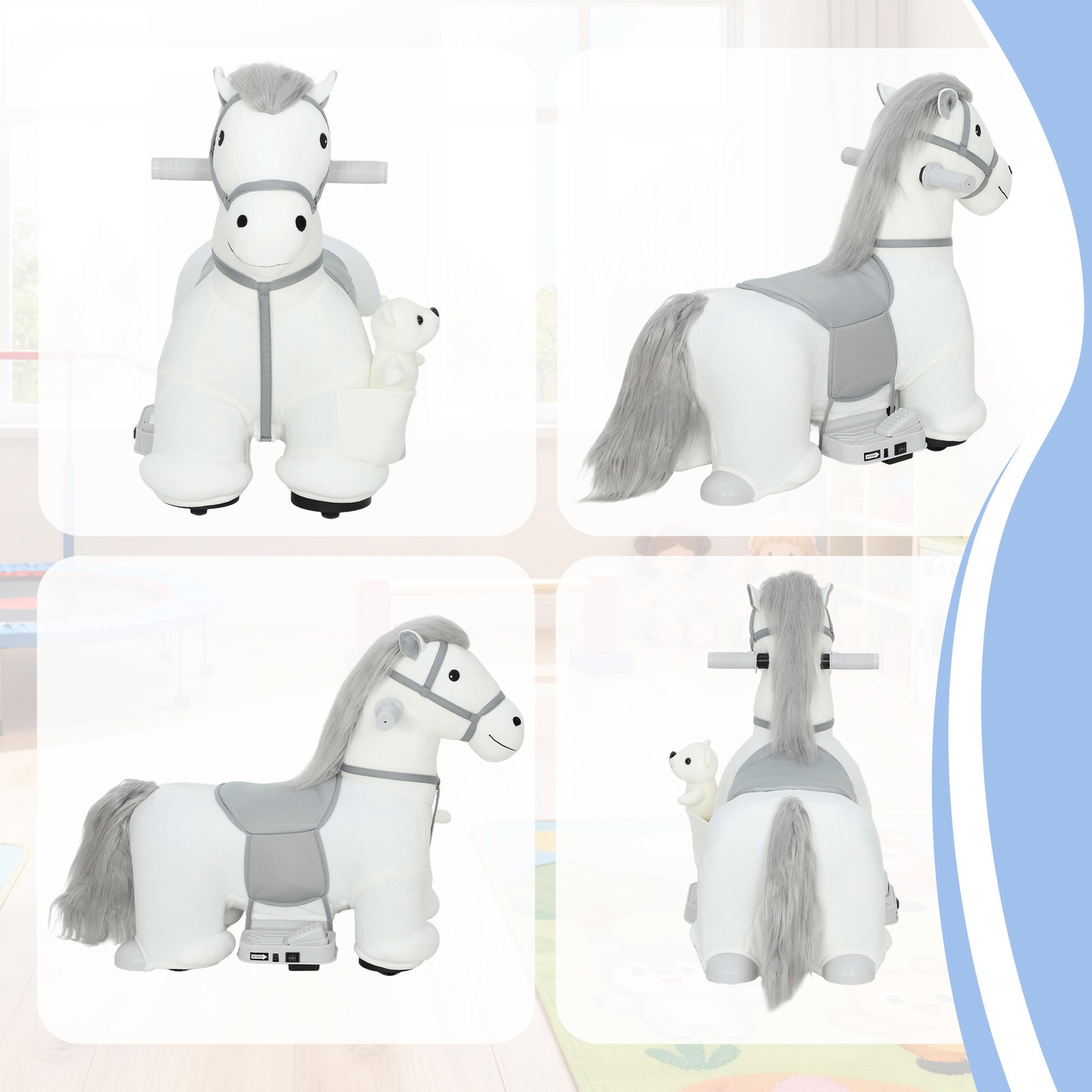 Cavalo elétrico com música bateria 6v brinquedo elétrico toque suave rodas silenciosas de pu movimento para a frente 74x34x51 cm branco
