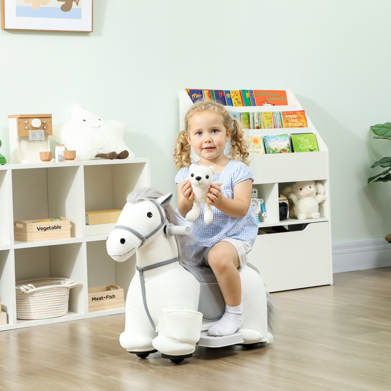 Cavalo elétrico com música bateria 6v brinquedo elétrico toque suave rodas silenciosas de pu movimento para a frente 74x34x51 cm branco