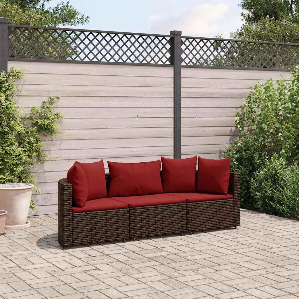 3 Pcs conjunto sofás de jardim com almofadões vime PE castanho