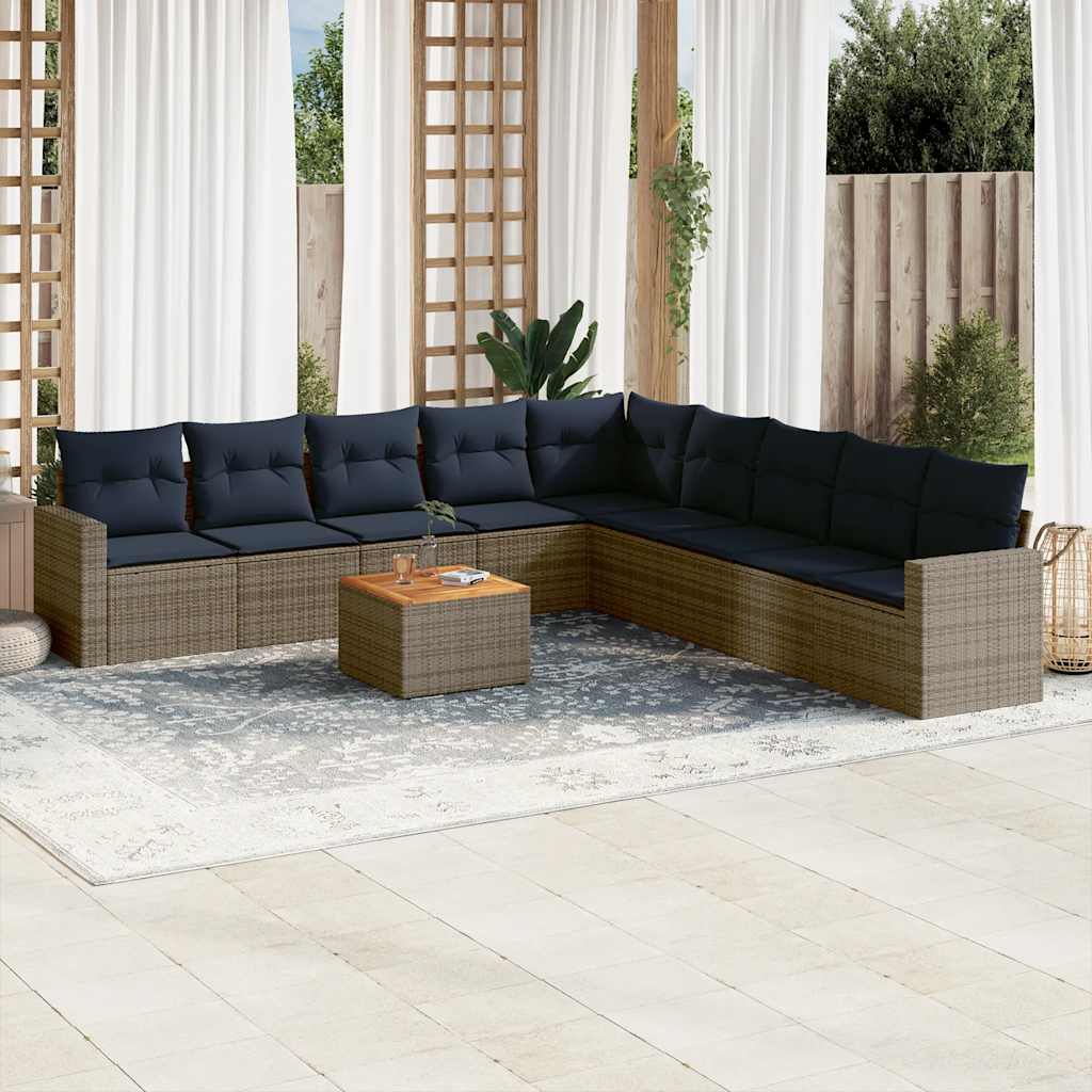 10 Pcs conjunto sofás p/ jardim c/ almofadões vime PE cinzento