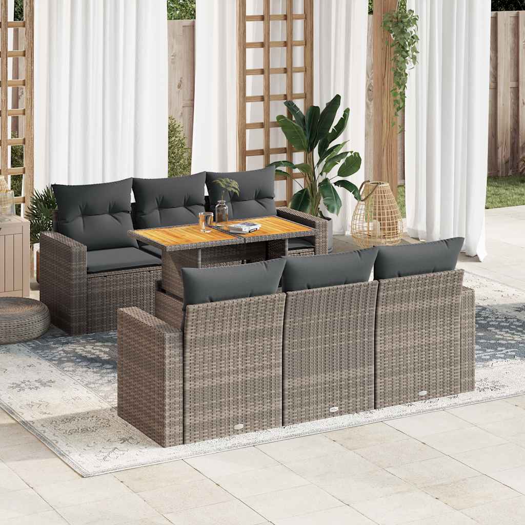 7 Pcs conjunto sofás p/ jardim c/ almofadões vime PE cinzento