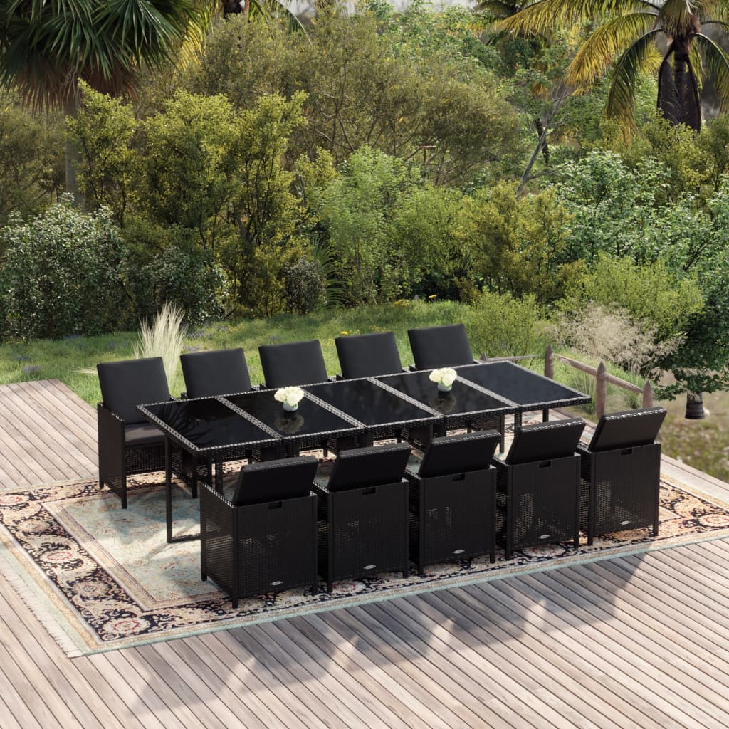 11 Pcs conjunto jantar p/ jardim c/ almofadões vime PE preto