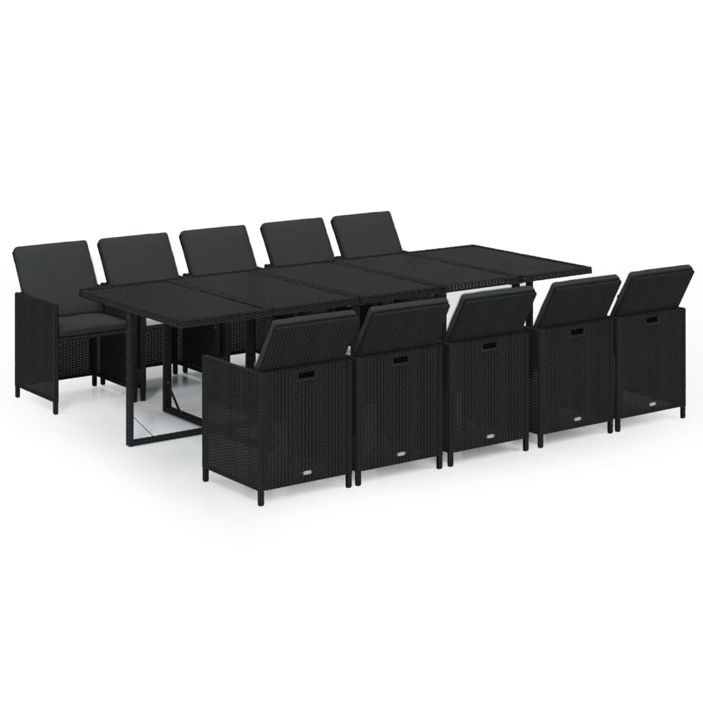 11 Pcs conjunto jantar p/ jardim c/ almofadões vime PE preto