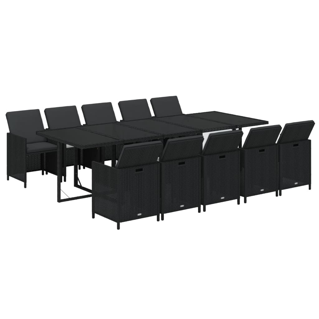 11 Pcs conjunto jantar p/ jardim c/ almofadões vime PE preto