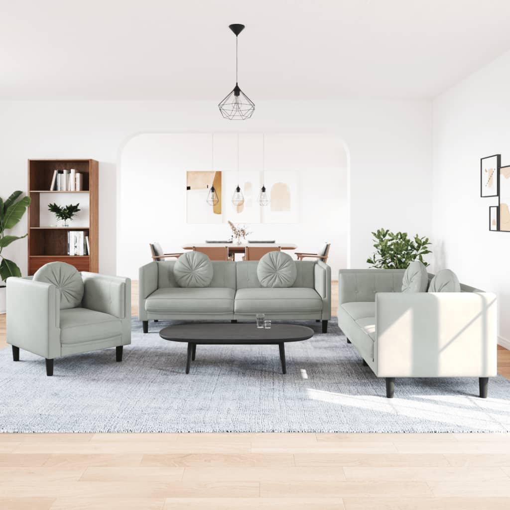 3 Pcs conjunto de sofás com almofadas veludo cinzento-claro