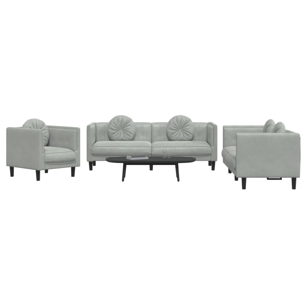 3 Pcs conjunto de sofás com almofadas veludo cinzento-claro