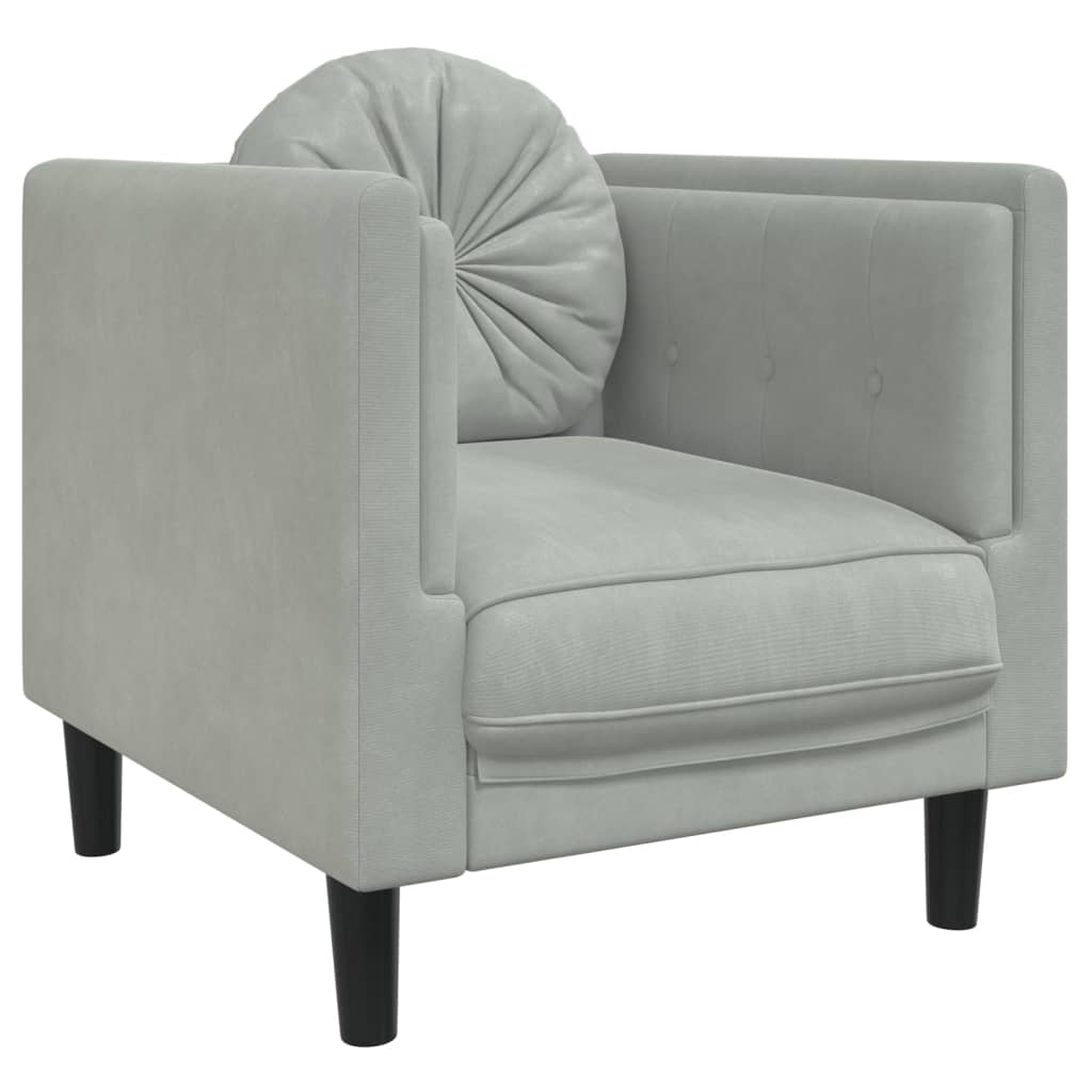 3 Pcs conjunto de sofás com almofadas veludo cinzento-claro