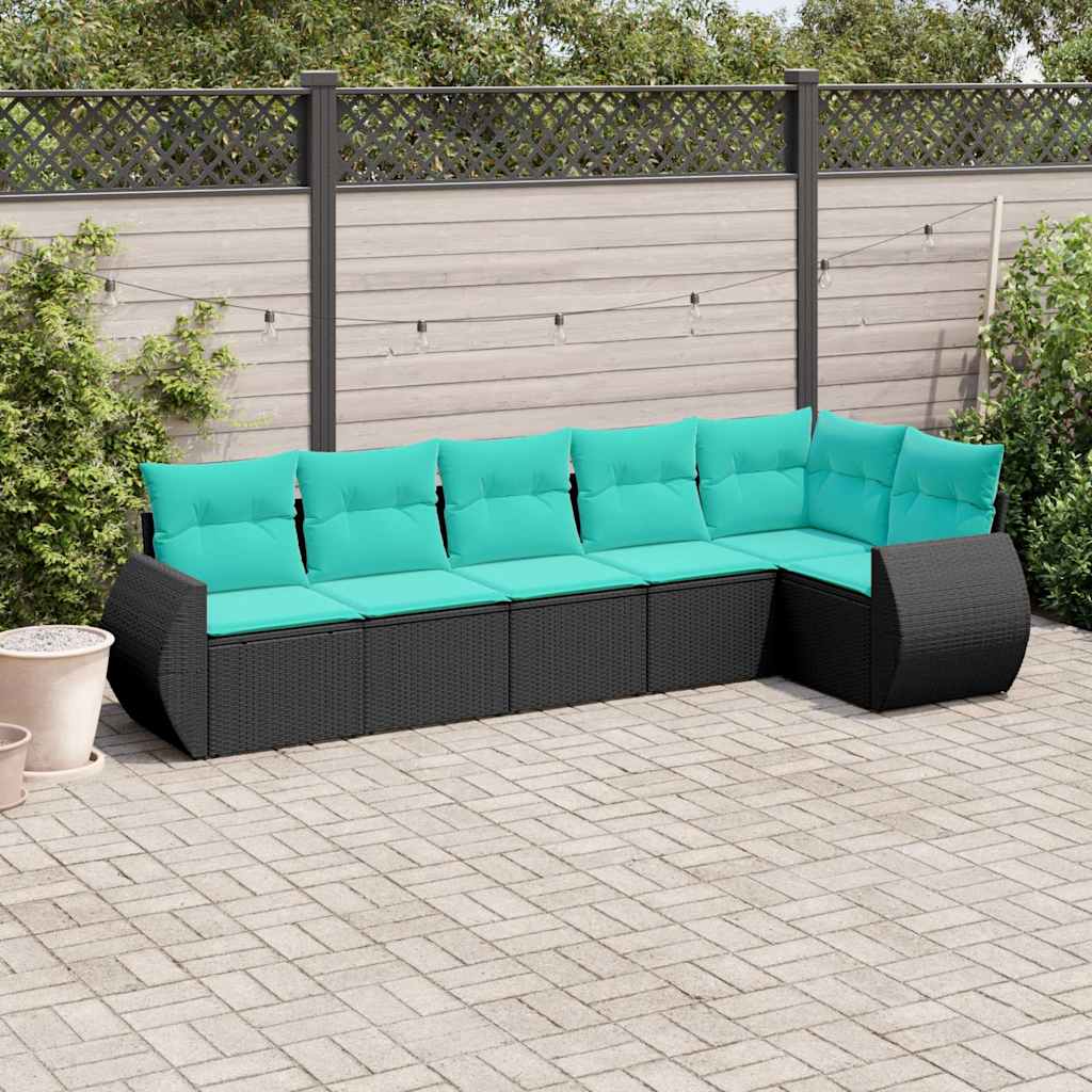 Conjunto de sofá de jardim com 6 peças e almofadas em rattan sintético preto