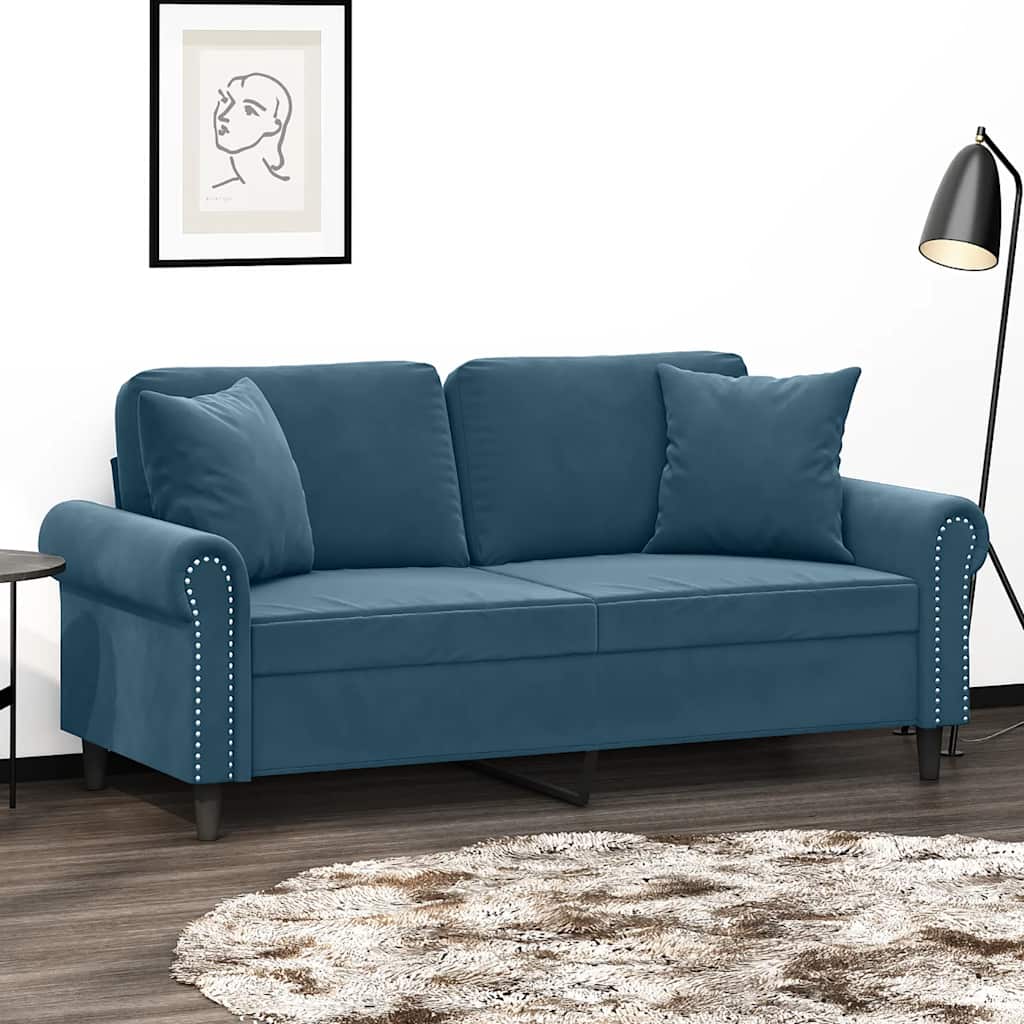 Sofá 2 lugares c/ almofadas decorativas 140 cm veludo azul