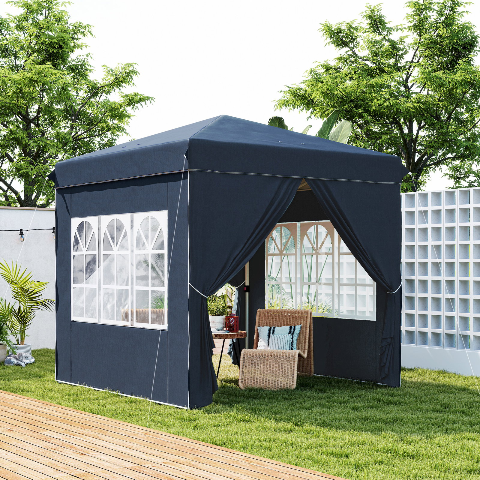 Tenda dobrável pop-up 248x248x270 cm com 4 paredes laterais anti-UV altura ajustável e bolsa de transporte azul escuro