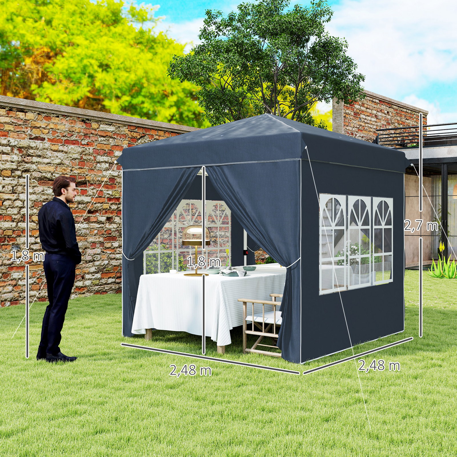 Tenda dobrável pop-up 248x248x270 cm com 4 paredes laterais anti-UV altura ajustável e bolsa de transporte azul escuro