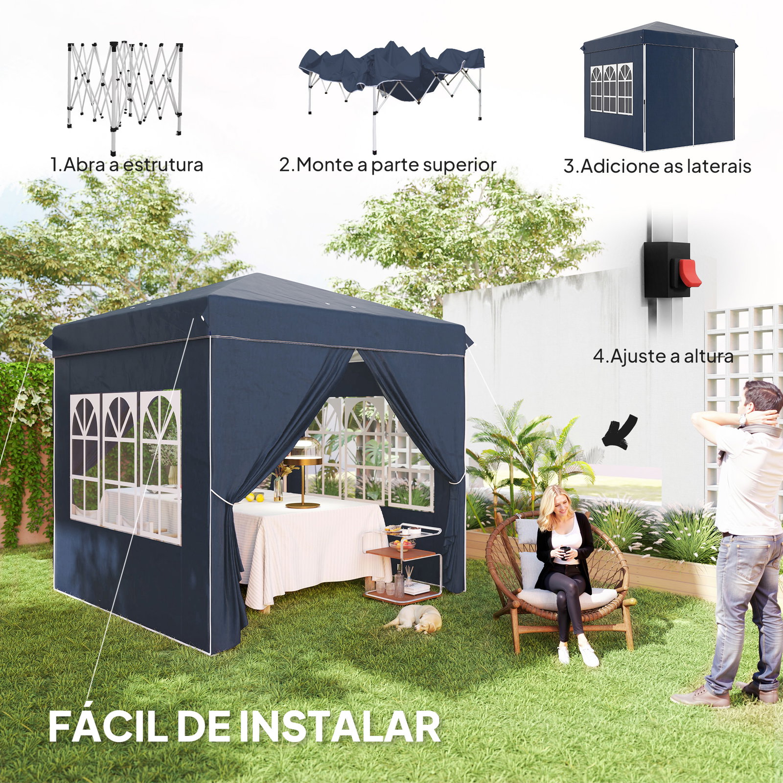 Tenda dobrável pop-up 248x248x270 cm com 4 paredes laterais anti-UV altura ajustável e bolsa de transporte azul escuro