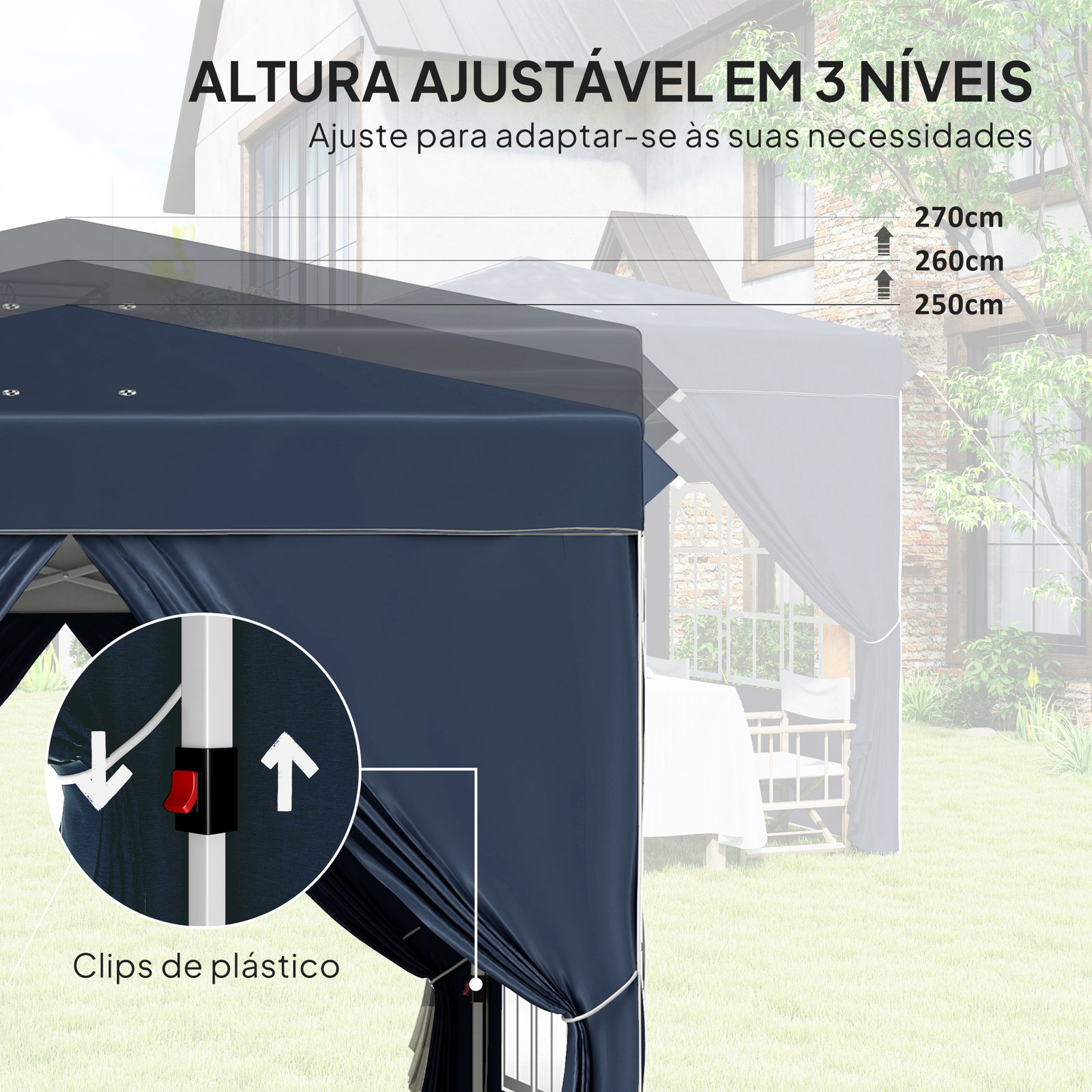 Tenda dobrável pop-up 248x248x270 cm com 4 paredes laterais anti-UV altura ajustável e bolsa de transporte azul escuro