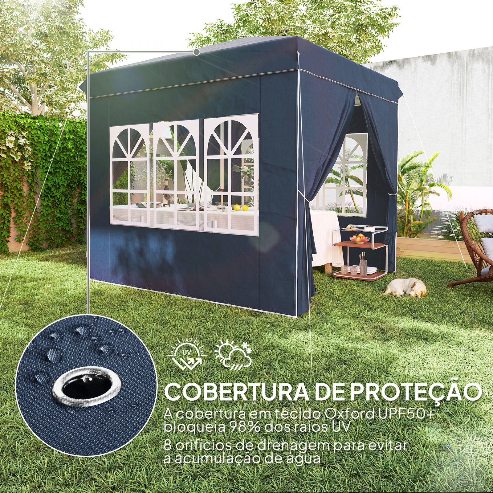 Tenda dobrável pop-up 248x248x270 cm com 4 paredes laterais anti-UV altura ajustável e bolsa de transporte azul escuro