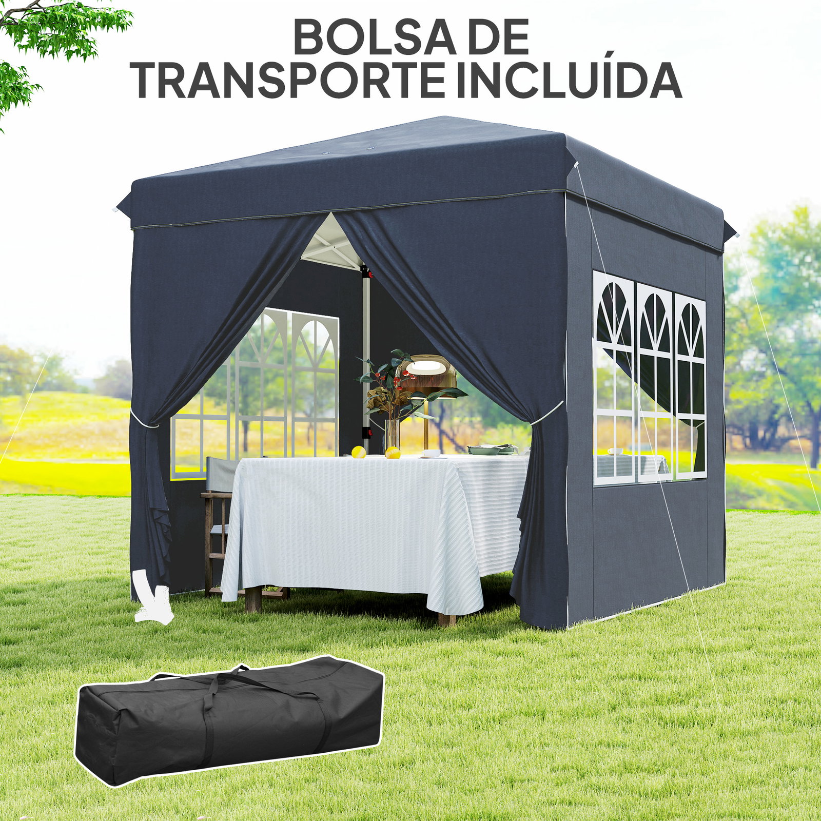 Tenda dobrável pop-up 248x248x270 cm com 4 paredes laterais anti-UV altura ajustável e bolsa de transporte azul escuro