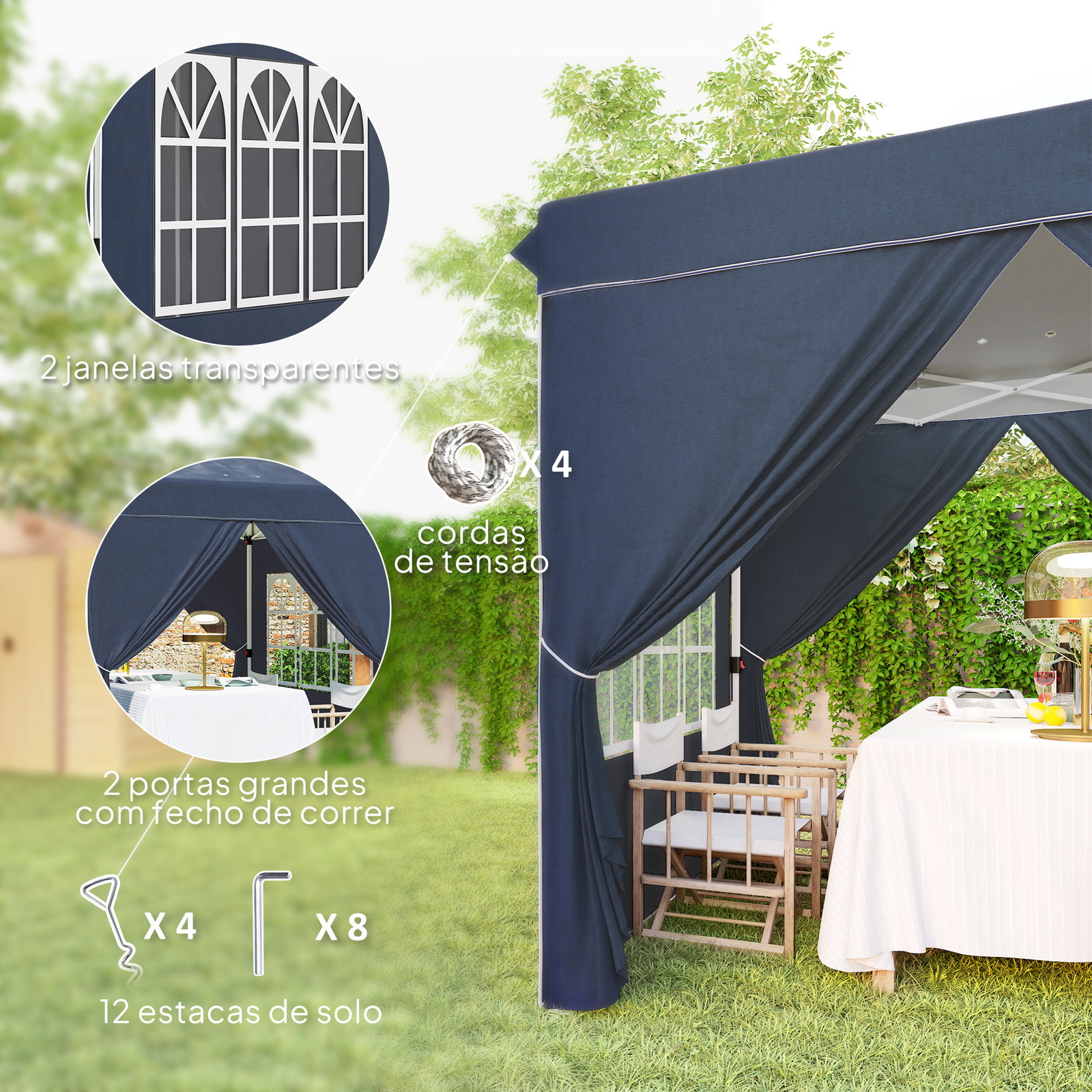 Tenda dobrável pop-up 248x248x270 cm com 4 paredes laterais anti-UV altura ajustável e bolsa de transporte azul escuro