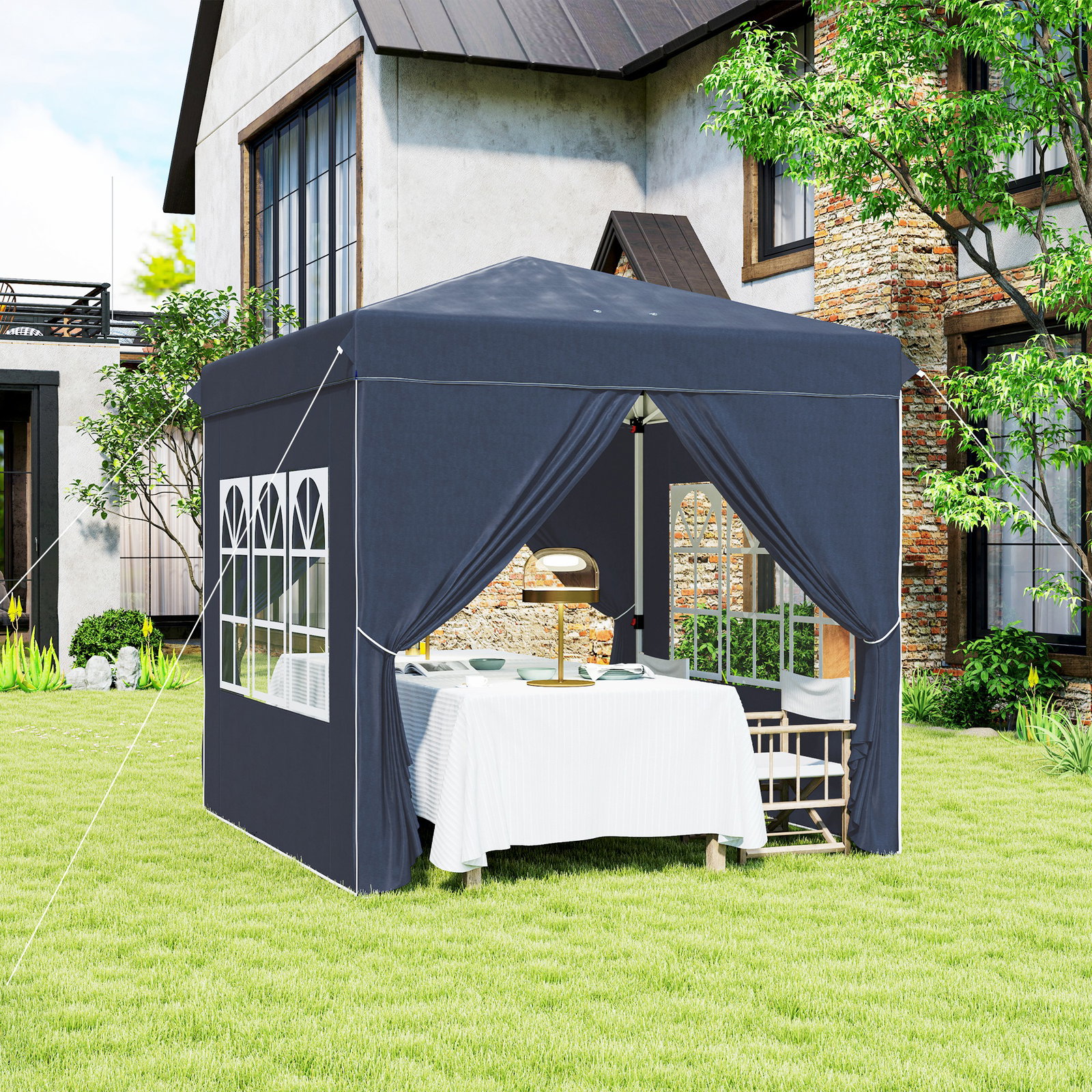 Tenda dobrável pop-up 248x248x270 cm com 4 paredes laterais anti-UV altura ajustável e bolsa de transporte azul escuro
