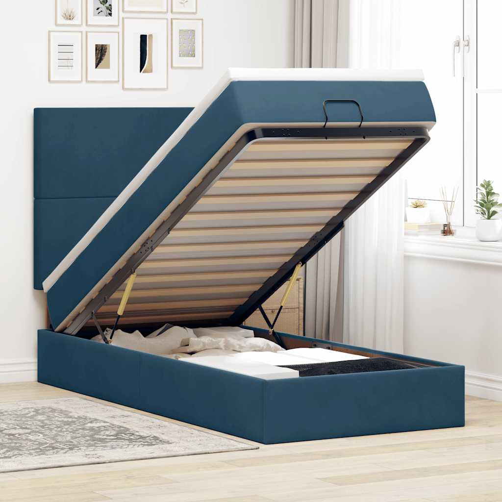 Estrutura cama otomana colchões 80x200 cm veludo azul escuro
