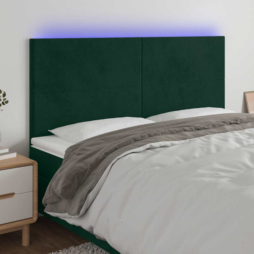 Cabeceira de cama c/ LED veludo 160x5x118/128 cm verde-escuro