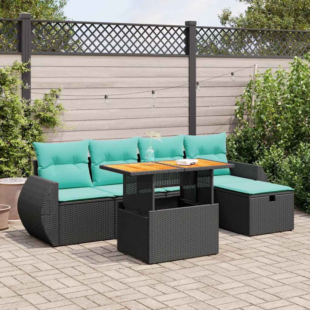 6 Pcs conj. sofás jardim c/ almofadões vime PE/acácia castanho