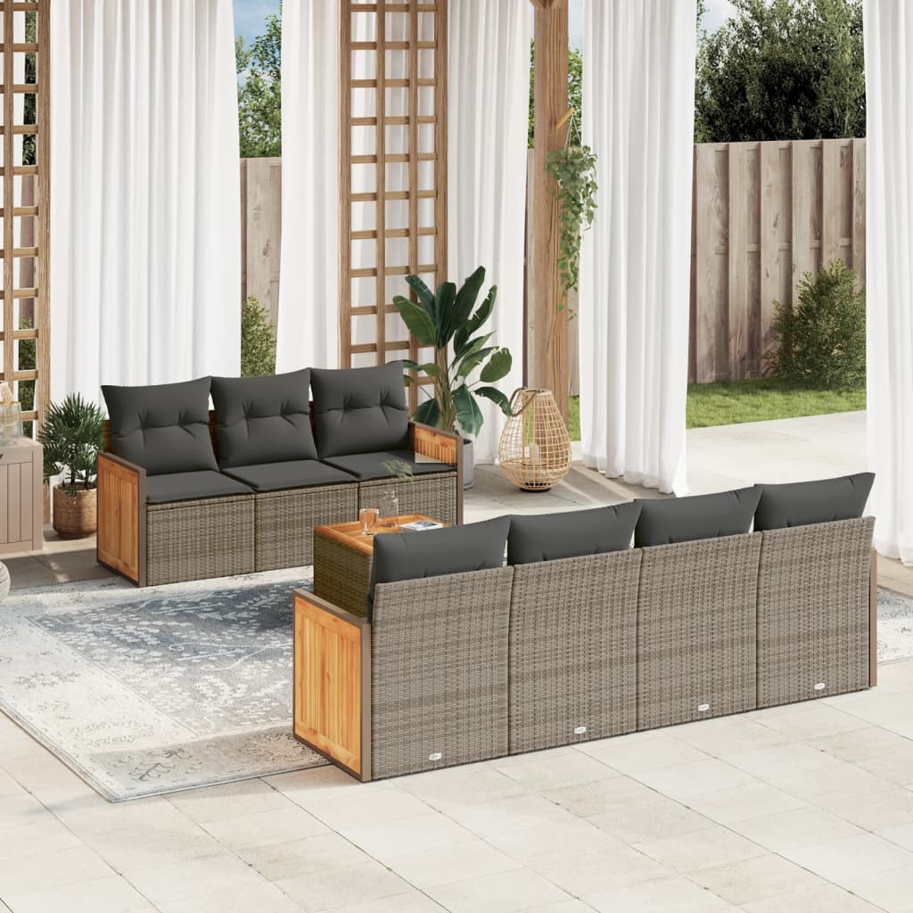 8 Pcs conjunto sofás de jardim c/ almofadões vime PE cinzento