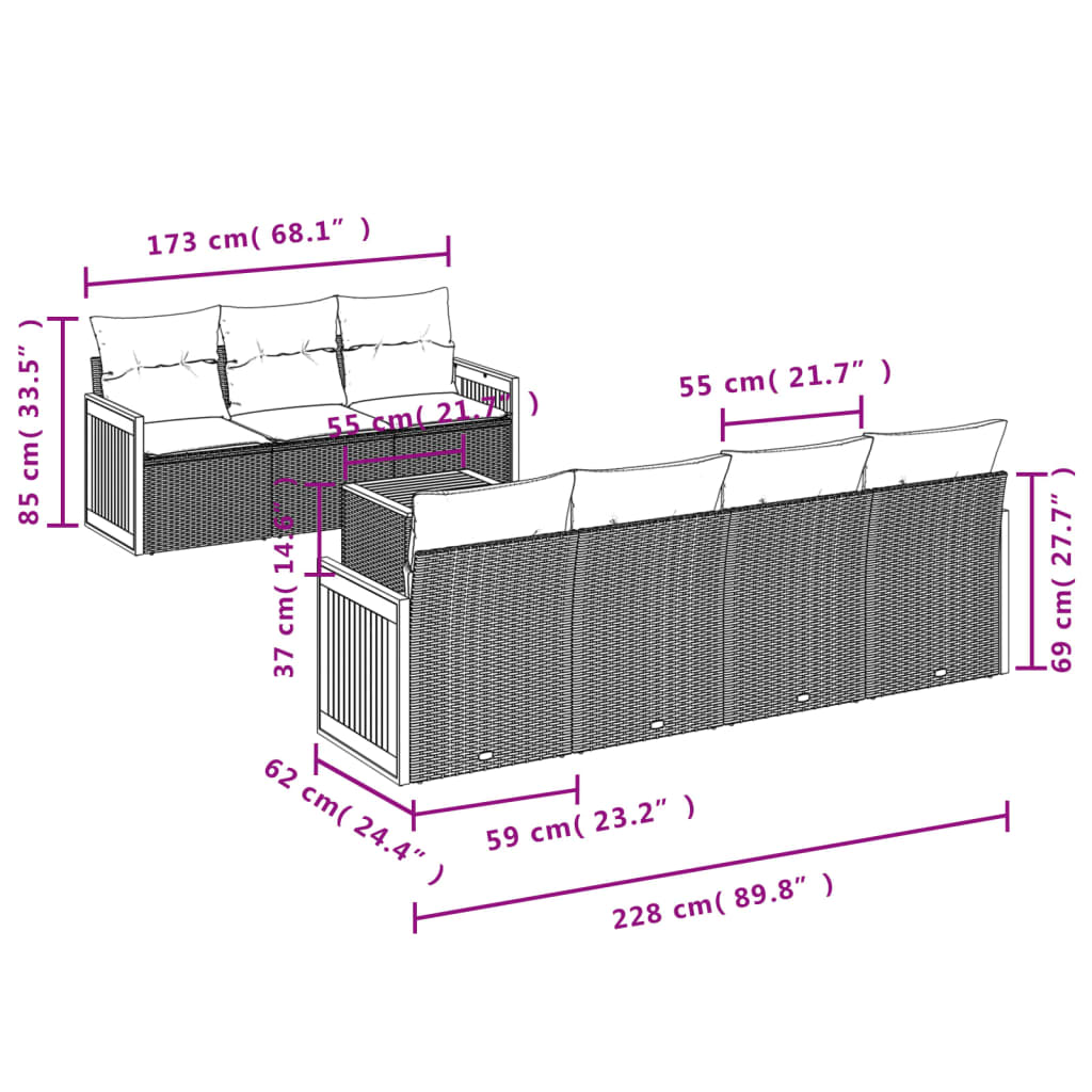 8 Pcs conjunto sofás de jardim c/ almofadões vime PE cinzento