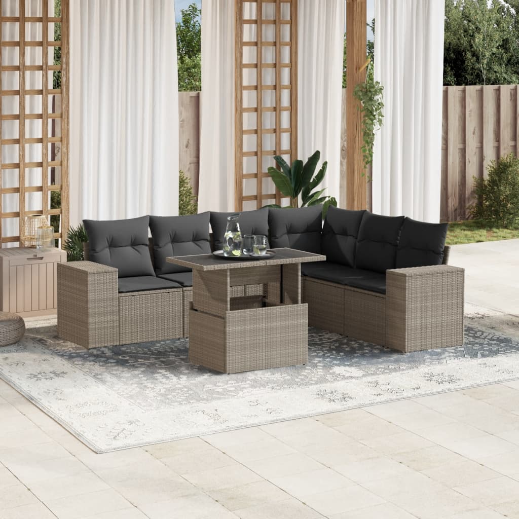 7 Pcs conj. sofás jardim com almofadões vime PE cinzento-claro
