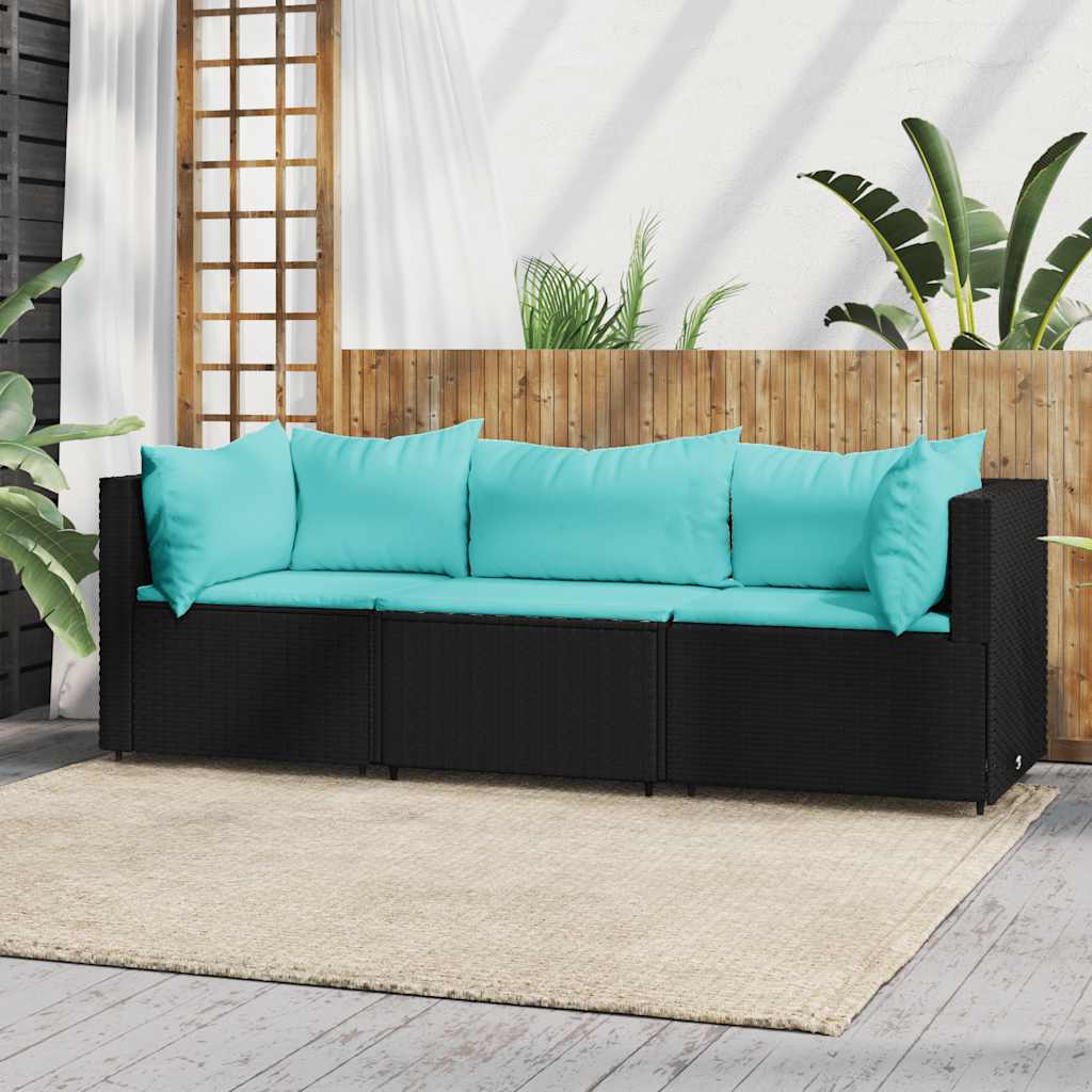 3 Pcs conjunto lounge de jardim c/ almofadões vime PE preto