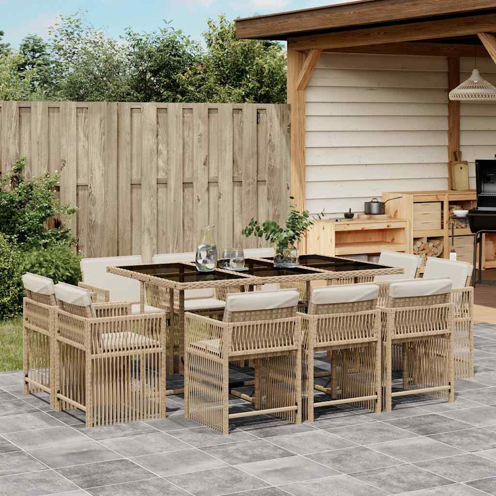 11 Pcs conjunto de jantar p/ jardim com almofadões vime PE bege