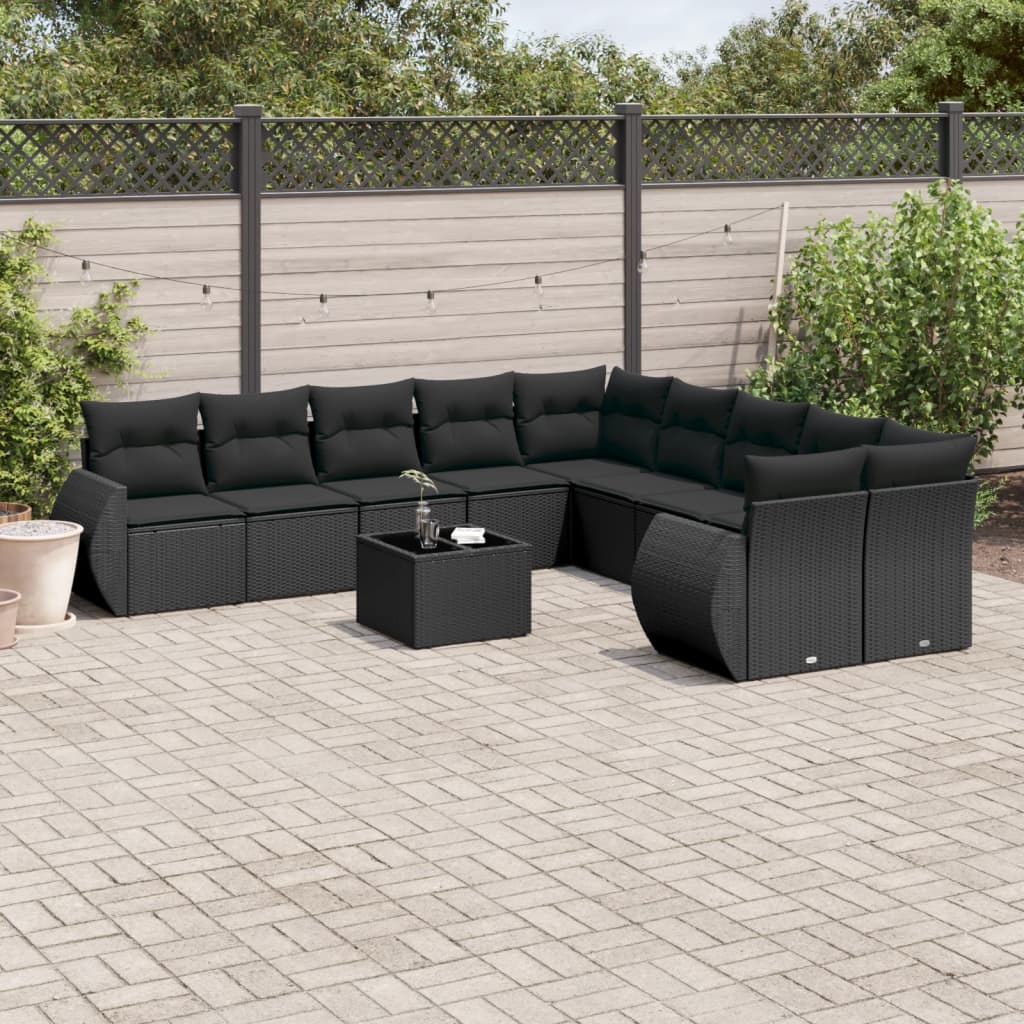 11 Pcs conjunto sofás de jardim c/ almofadões vime PE preto