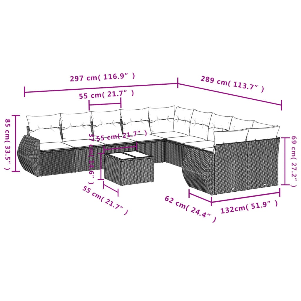 11 Pcs conjunto sofás de jardim c/ almofadões vime PE preto