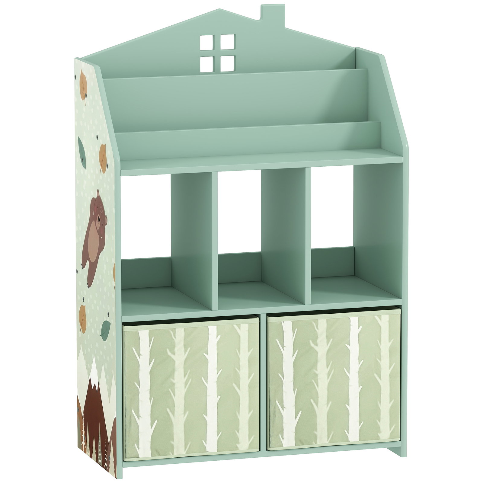 Estante infantil para brinquedos com gavetas de tecido prateleiras abertas design de ursinhos organizador de brinquedos verde
