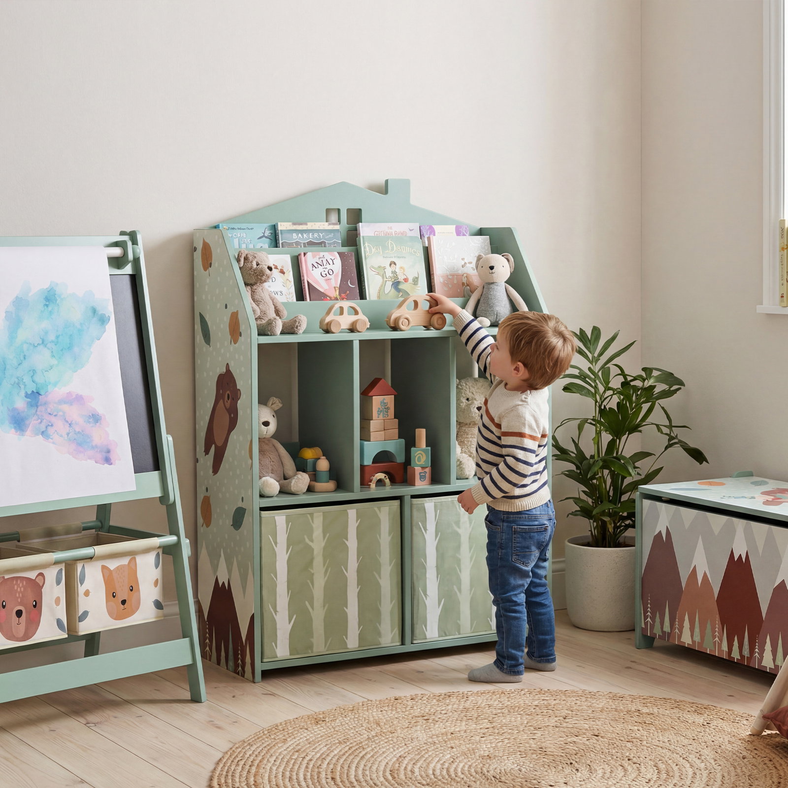 Estante infantil para brinquedos com gavetas de tecido prateleiras abertas design de ursinhos organizador de brinquedos verde