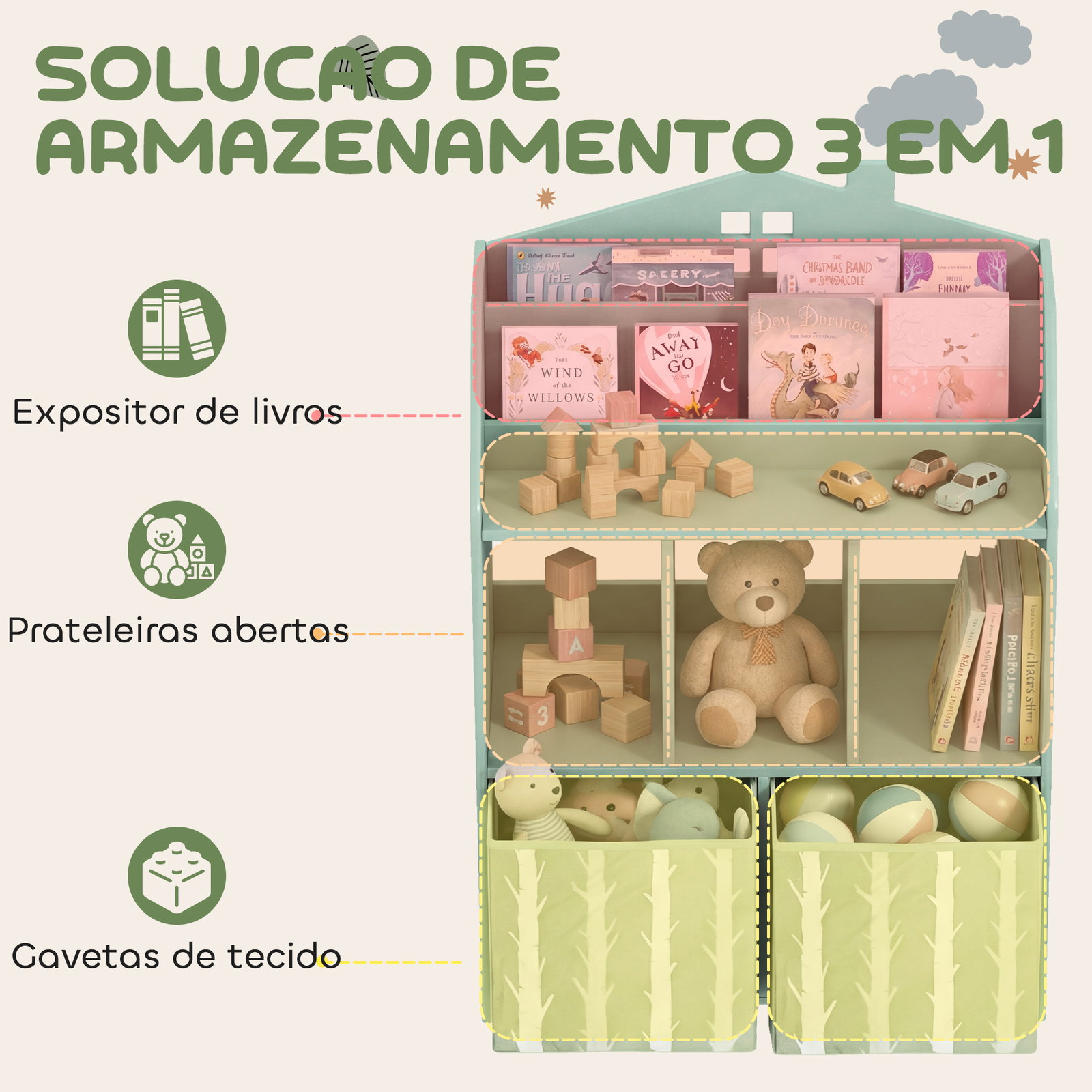 Estante infantil para brinquedos com gavetas de tecido prateleiras abertas design de ursinhos organizador de brinquedos verde