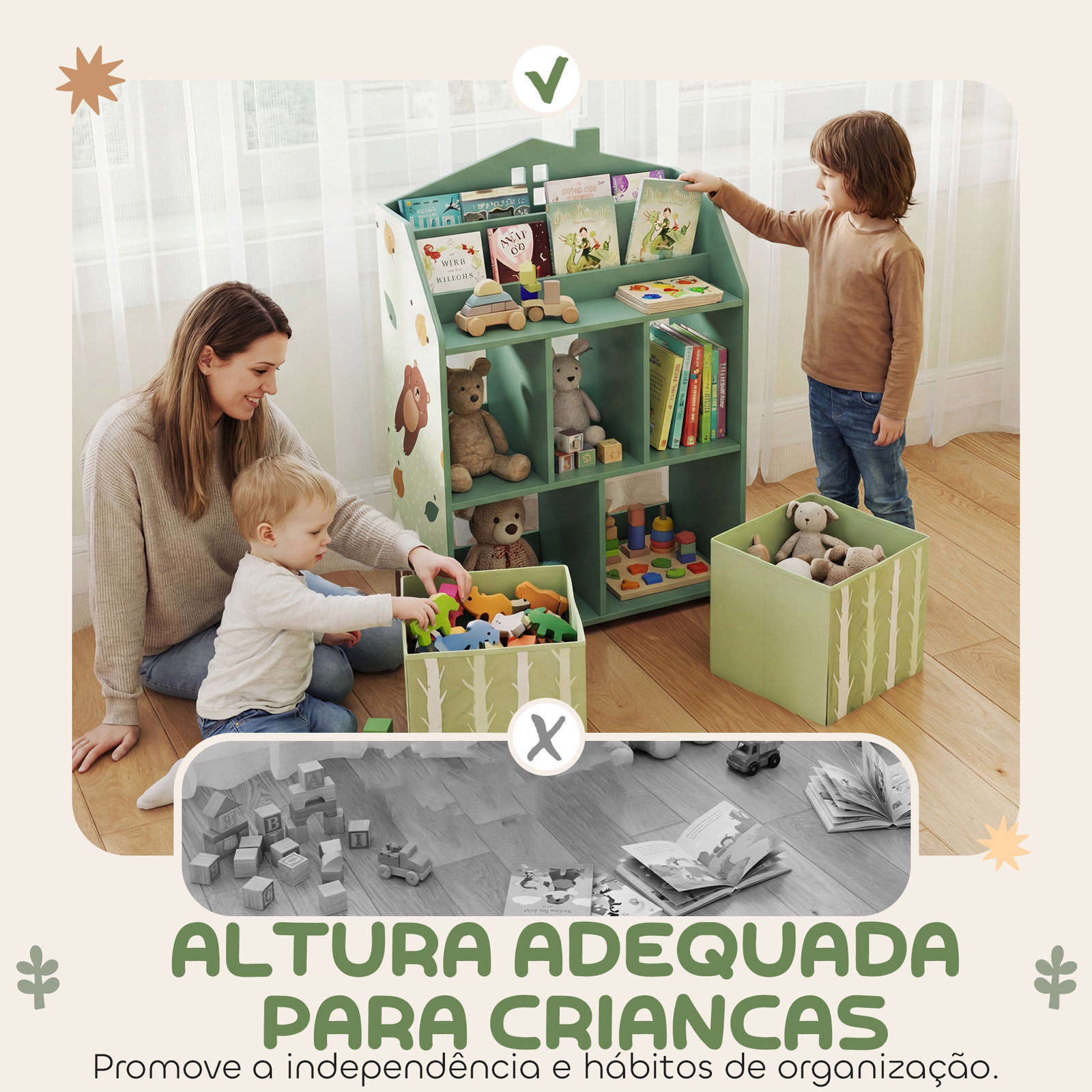 Estante infantil para brinquedos com gavetas de tecido prateleiras abertas design de ursinhos organizador de brinquedos verde