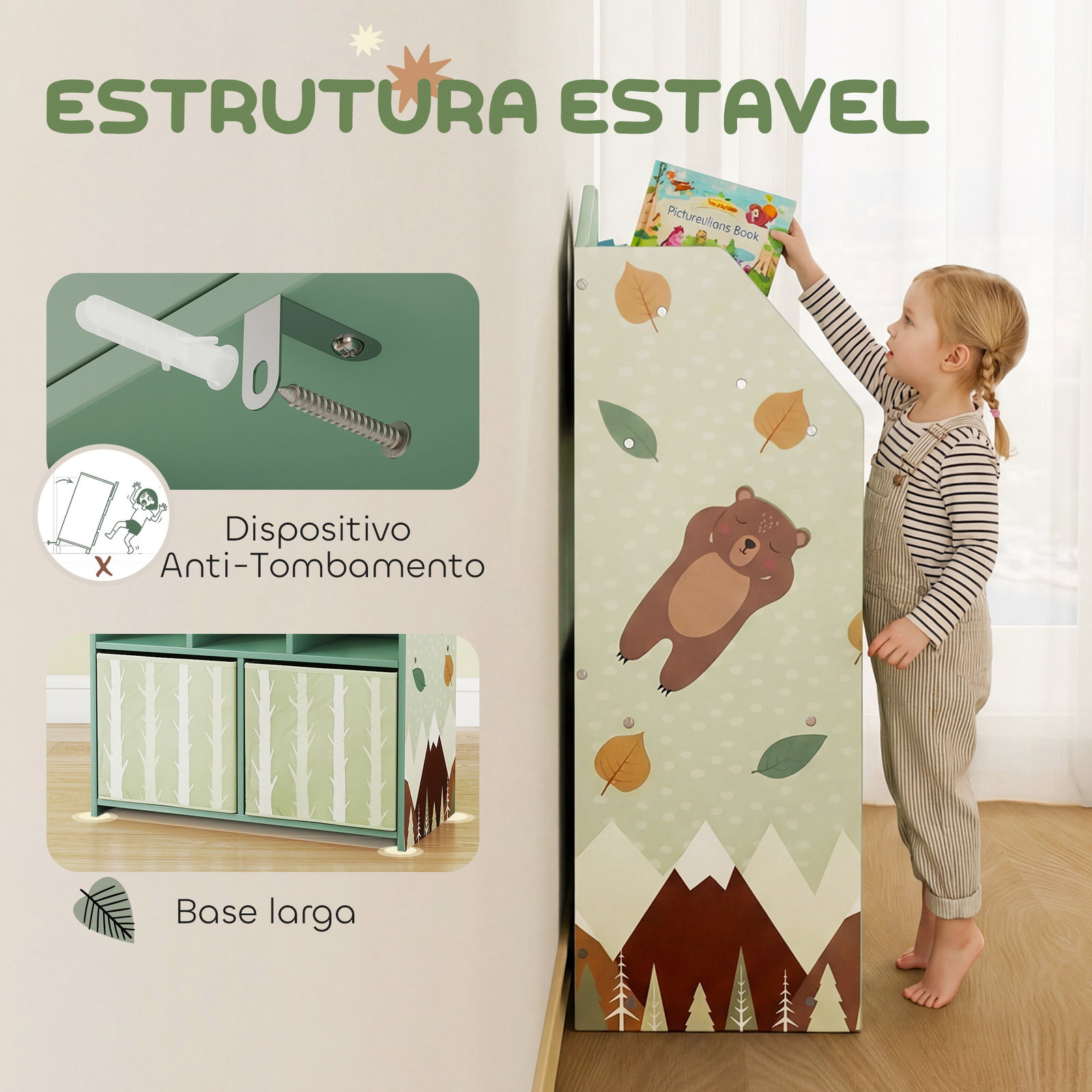Estante infantil para brinquedos com gavetas de tecido prateleiras abertas design de ursinhos organizador de brinquedos verde