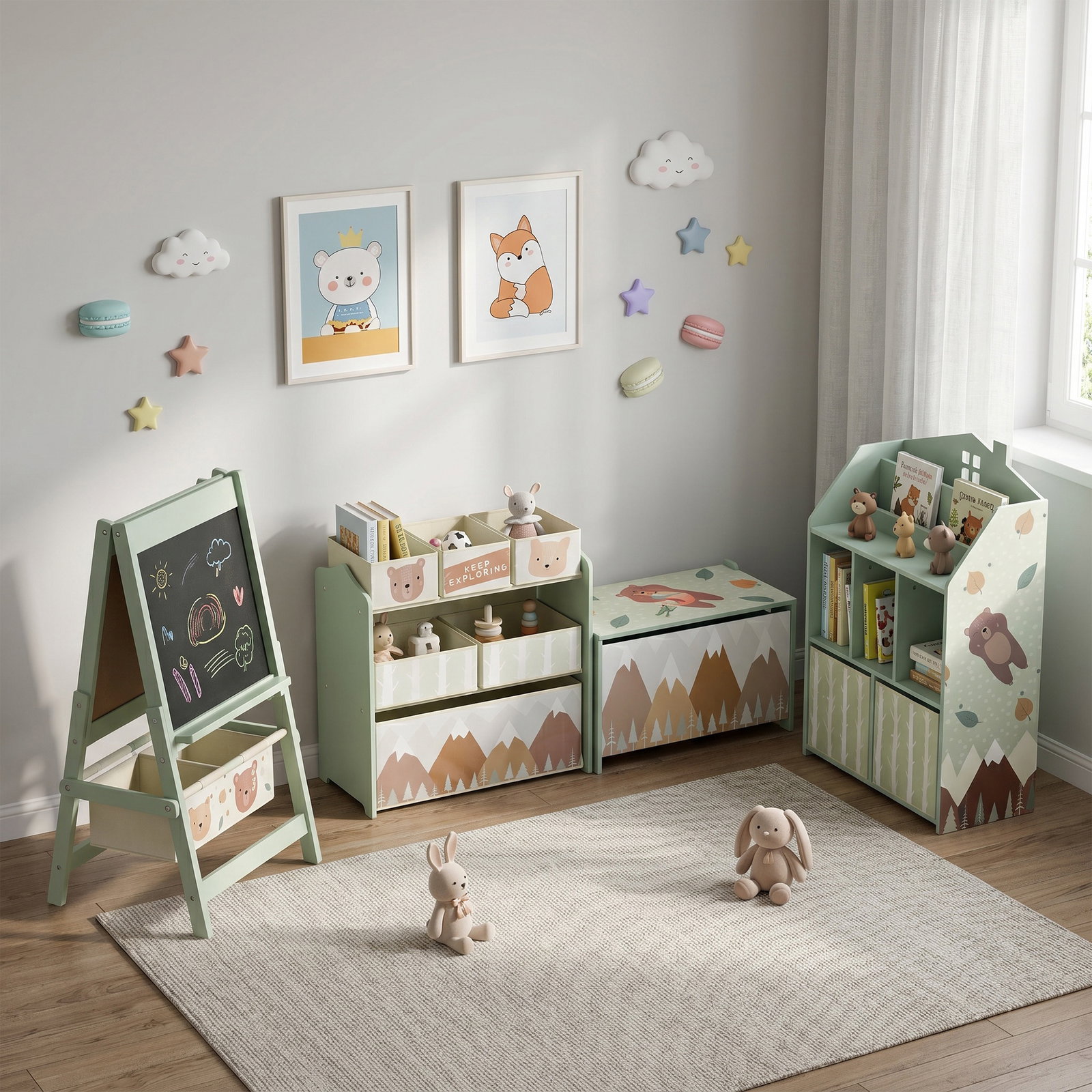 Estante infantil para brinquedos com gavetas de tecido prateleiras abertas design de ursinhos organizador de brinquedos verde