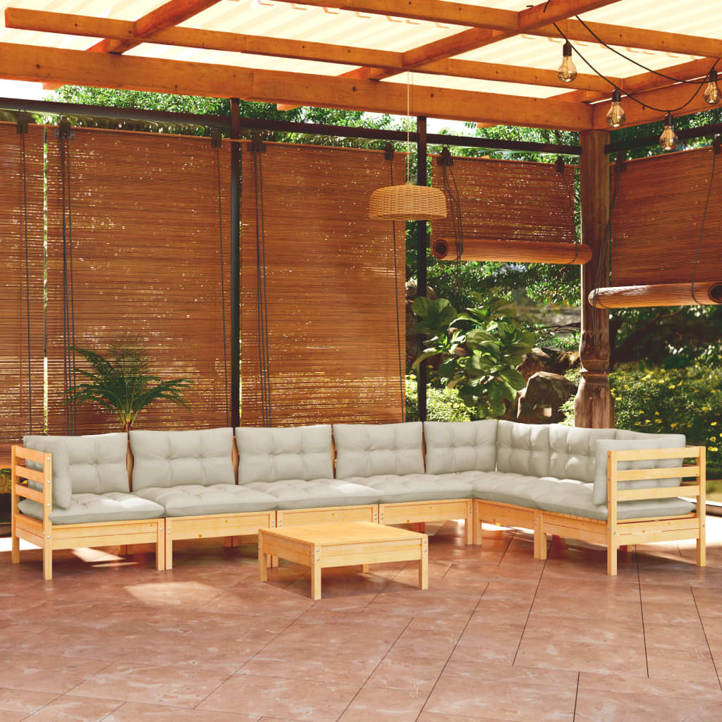 8 Pcs conjunto lounge jardim c/ almofadões creme pinho maciço