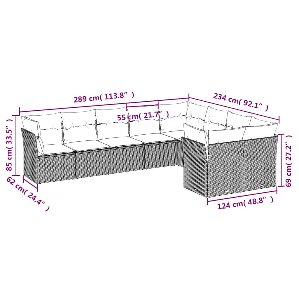 9 Pcs conjunto de sofás p/ jardim c/ almofadões vime PE preto