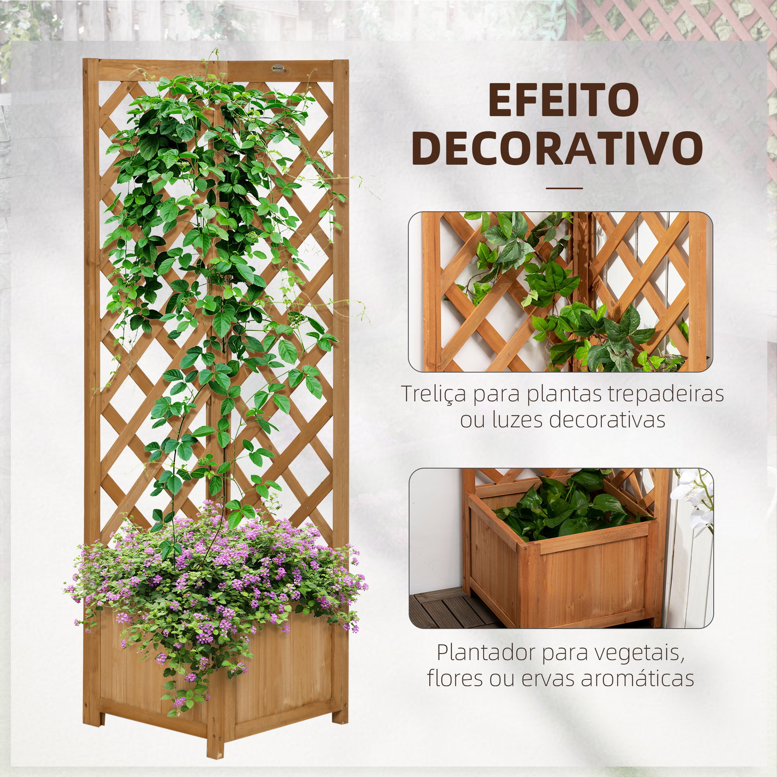 Floreira com treliça de madeira caixa de plantio com suporte para plantas trepadeiras 40x40x145cm madeira