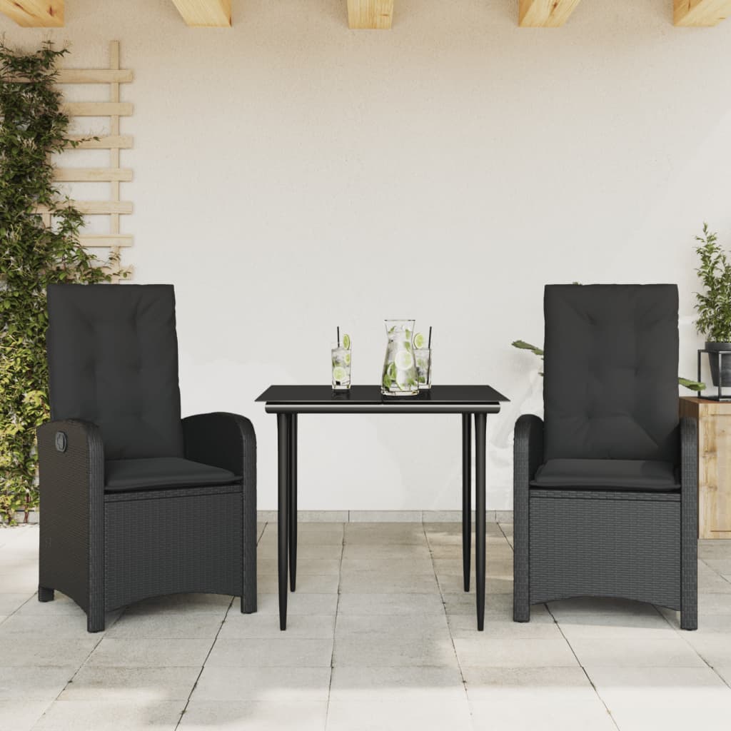 3 Pcs conjunto de jantar p/ jardim c/ almofadões vime PE preto